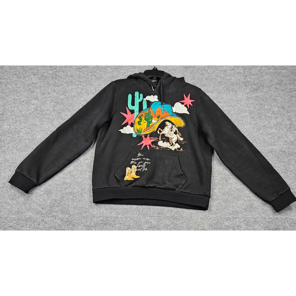 First Row Wild & Free Western Graphic Hoodie Black Cowboy Bronco Pullover XL